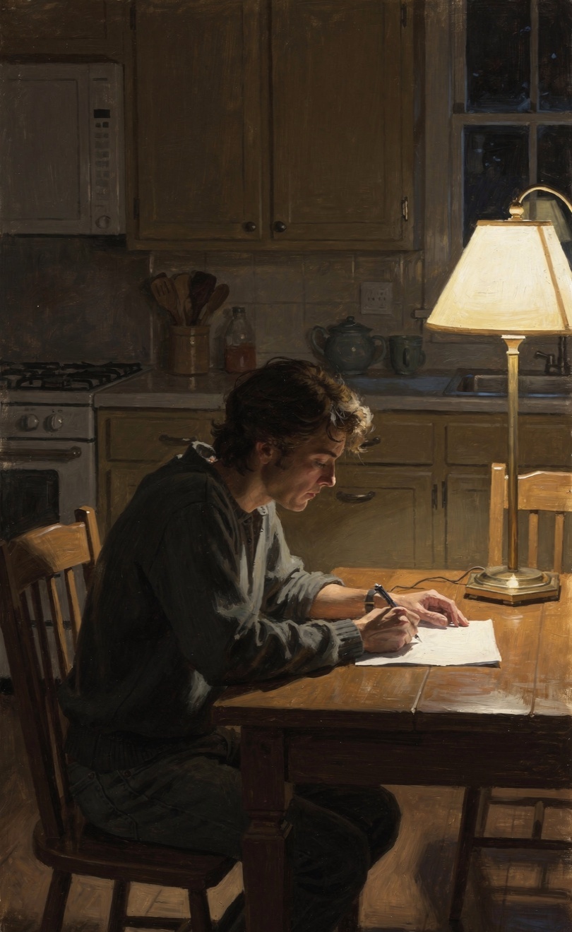 A person writing a letter by lamplight at a quiet kitchen table